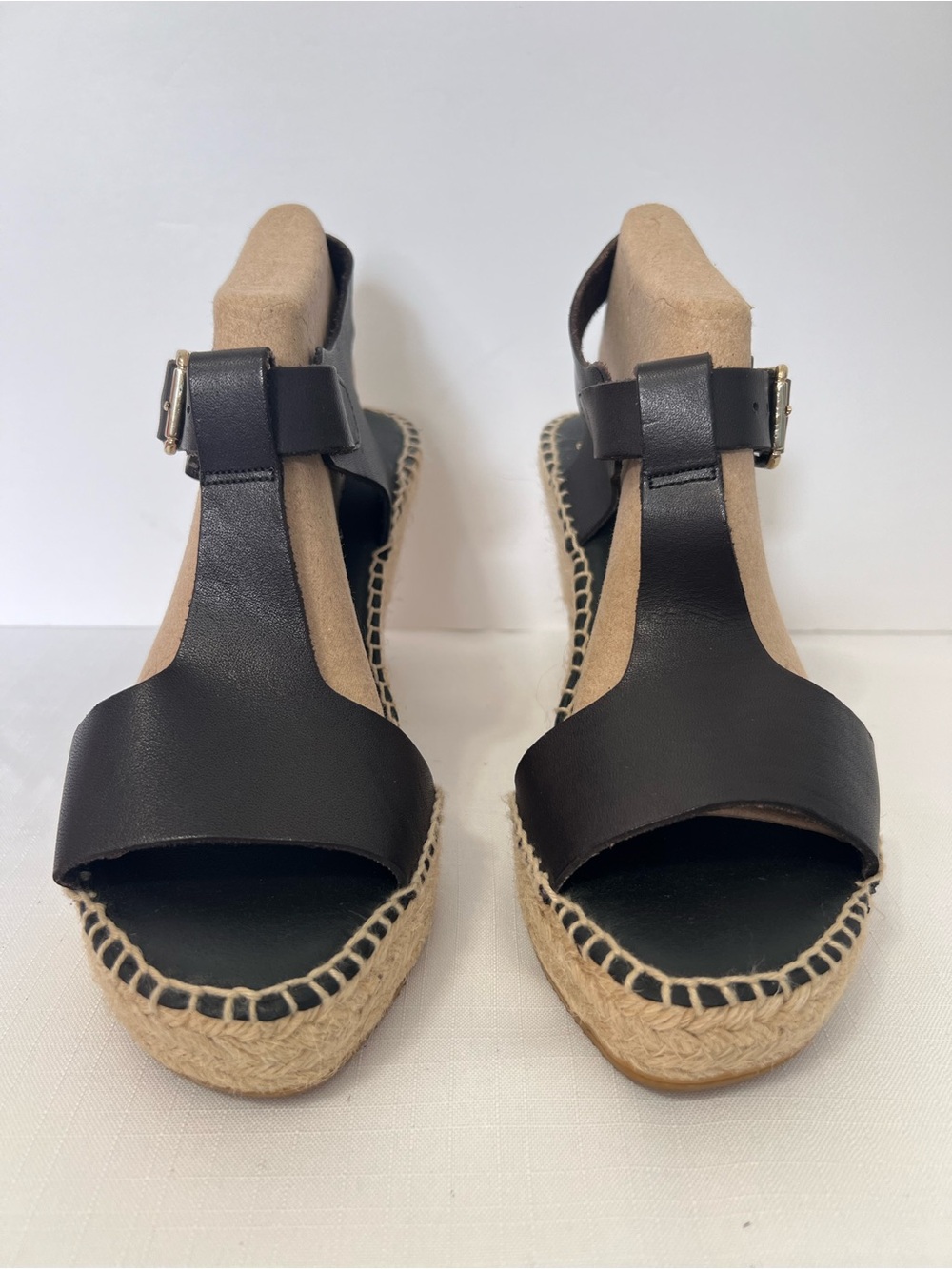 Paseart Black Leather T-Strap Jute Wedge Classic Contemporary Sandals 39 US 8.5